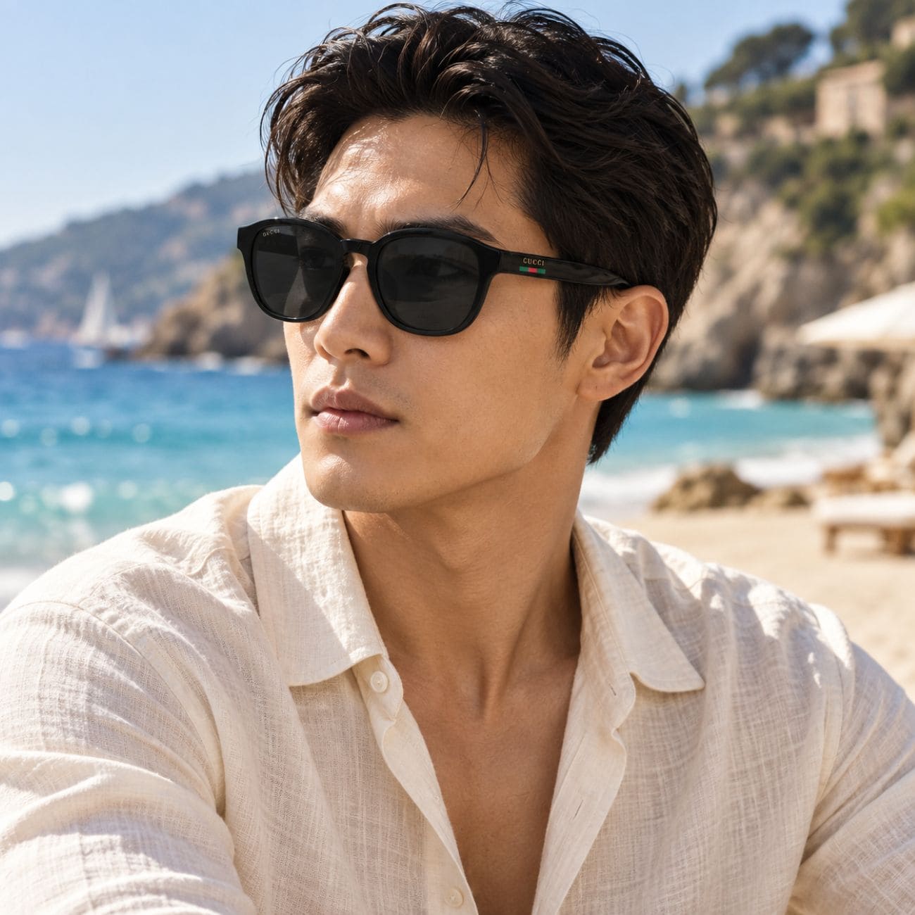 man wearing Gucci GG2109SK 001 Black Round Square Sunglasses looking far away in cream t-shirt