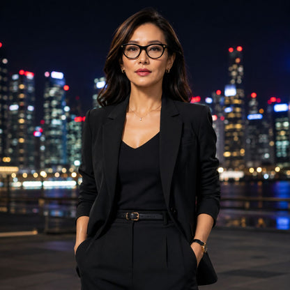 A woman wearing Gucci GG2112O-001 Black Butterfly Eyeglassesin a black blazer, black top, and black pants stands in front of a blurred city skyline at night with water in the foreground.