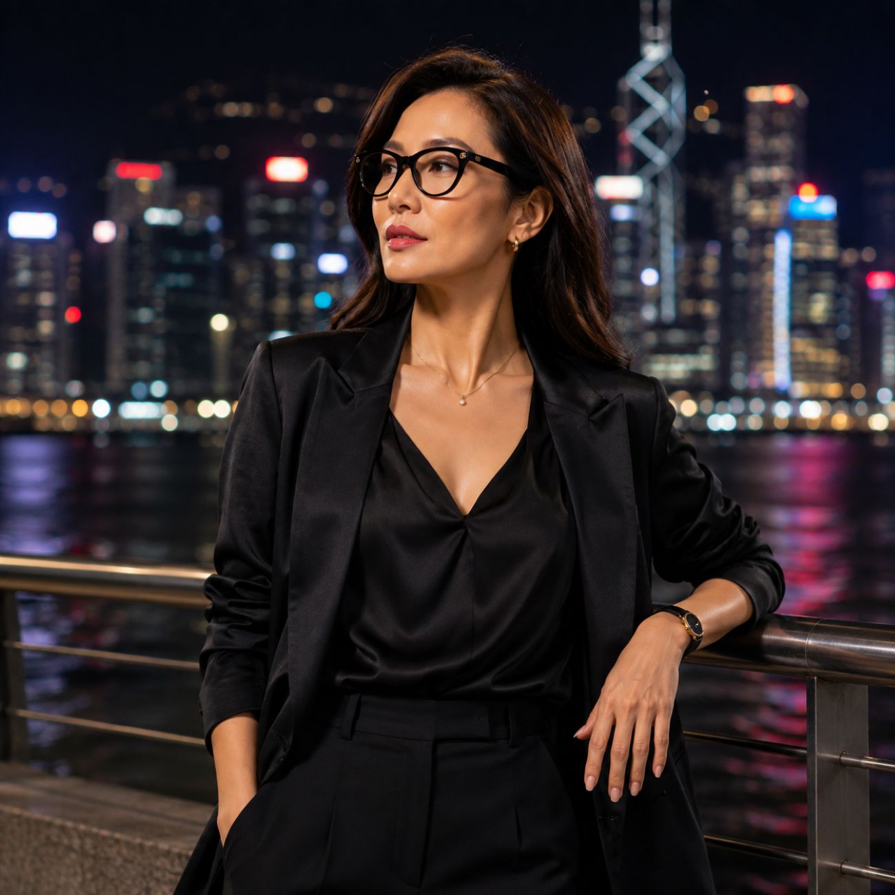 A woman wearing Gucci GG2112O-001 Black Butterfly Eyeglasses, a black satin blouse, and a black blazer stands outdoors at night with a brightly lit city skyline and water in the background.