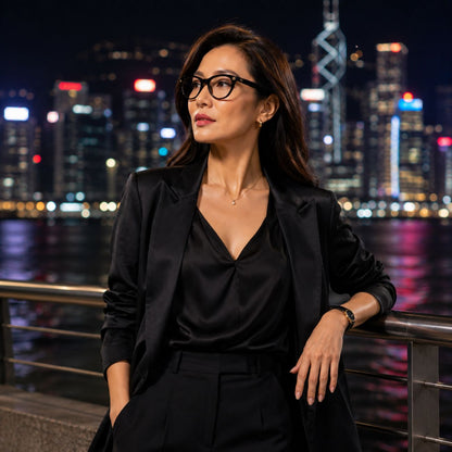 A woman wearing Gucci GG2112O-001 Black Butterfly Eyeglasses, a black satin blouse, and a black blazer stands outdoors at night with a brightly lit city skyline and water in the background.