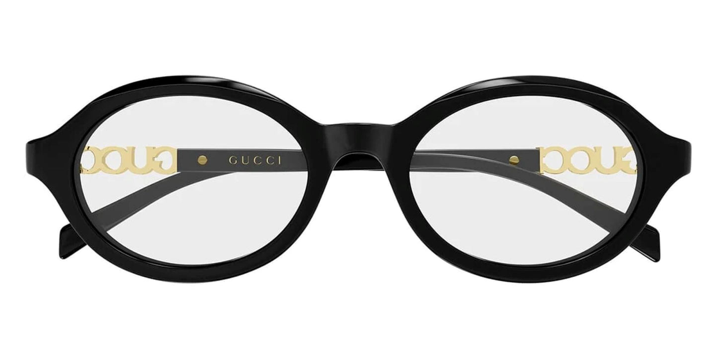 Gucci GG2153O Round Eyeglasses in glossy black acetate with gold-tone 'GUCCI' lettering on the inner rims and 'DOUMA' on the outer rims, set against a plain white background.