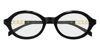 Gucci GG2153O Round Eyeglasses in glossy black acetate with gold-tone 'GUCCI' lettering on the inner rims and 'DOUMA' on the outer rims, set against a plain white background.