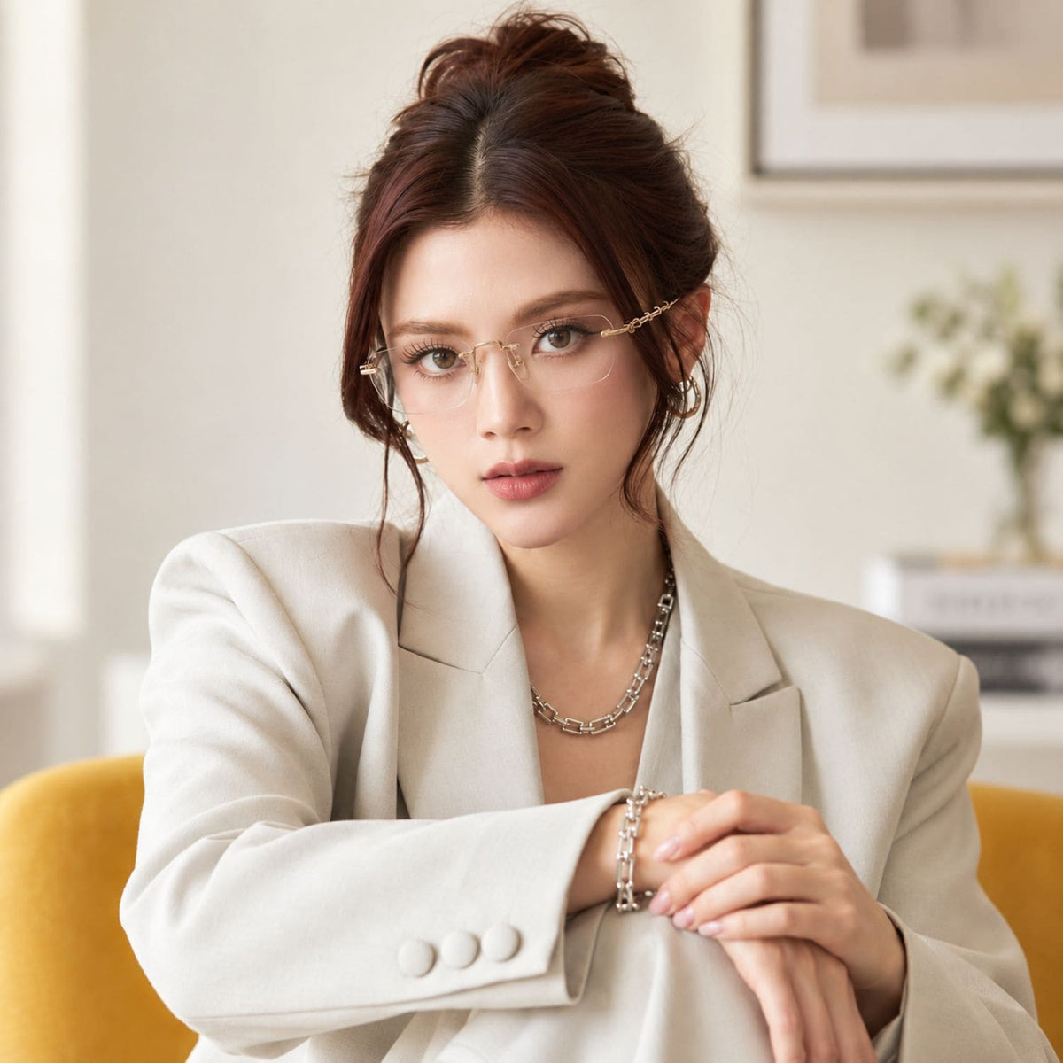 woman wearing Gucci GG2154O 002 Gold Rimless Square Eyeglasses 