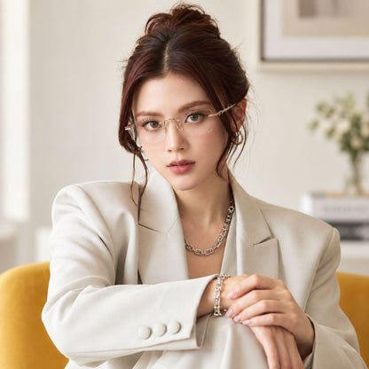 woman wearing Gucci GG2154O 002 Gold Rimless Square Eyeglasses 