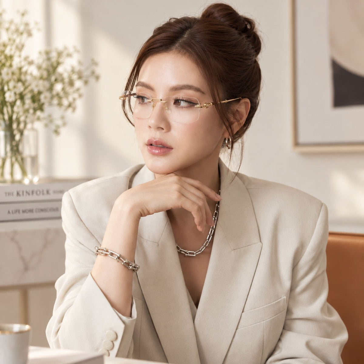 model wearing Gucci GG2154O 002 Gold Rimless Square Eyeglasses