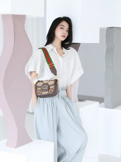 wearing GUCCI HORSEBIT 1955 MINI SHOULDER BAG JUMBO CAMEL 658574 UKMDG 2570