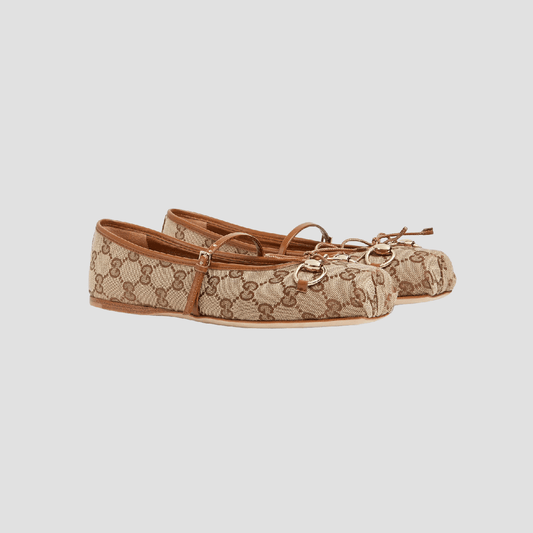 Gucci Women's Horsebit Ballet Flat Beige & Dark Brown 814321 FAD6C 9745