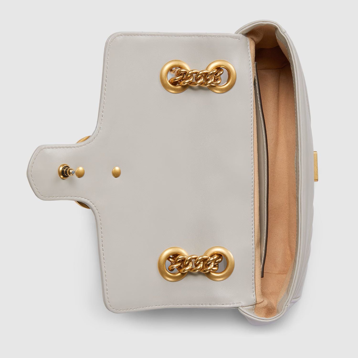 Open Gucci GG Marmont Small Shoulder Bag Light Grey 446744 AABZC 1712 with gold chain detail on a white background