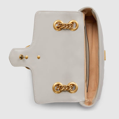 Open Gucci GG Marmont Small Shoulder Bag Light Grey 446744 AABZC 1712 with gold chain detail on a white background