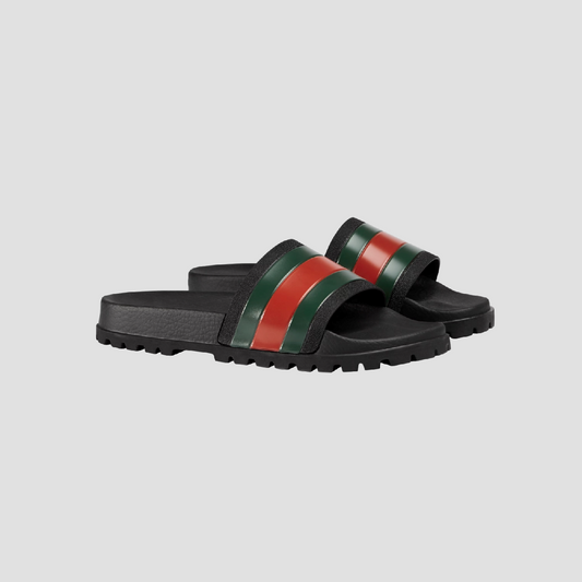 GUCCI MEN'S WEB RUBBER SLIDE SANDAL IN BLACK 429469 GIB10 1098