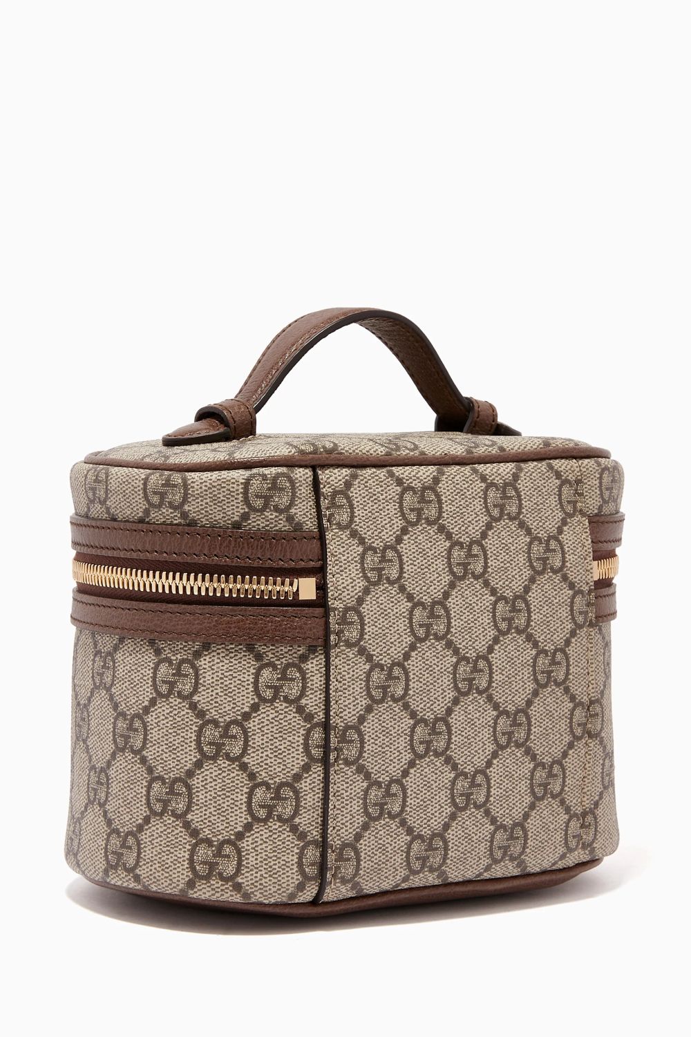 behind Gucci Mini Ophidia Cosmetic Case 627463-96IWG-8745 with monogram pattern on a white background
