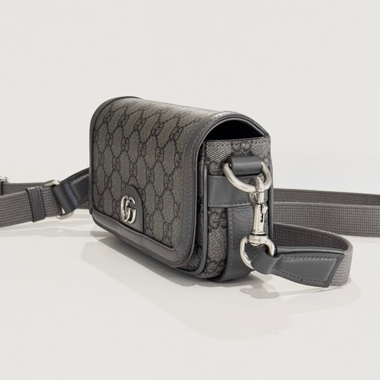Gucci Ophidia Mini Shoulder Bag Grey Black Supreme 795466 2ZGMN 1244 with a visible brand logo on a light gray background
