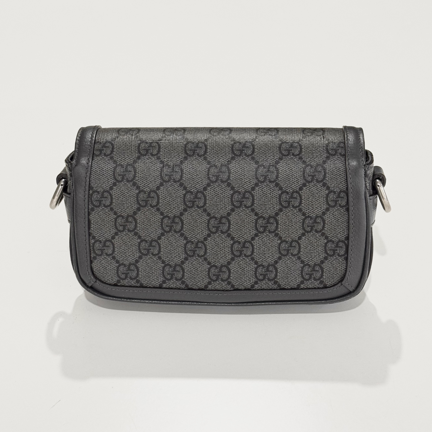 Gucci Ophidia Mini Shoulder Bag Grey Black Supreme 795466 2ZGMN 1244 on a light gray background