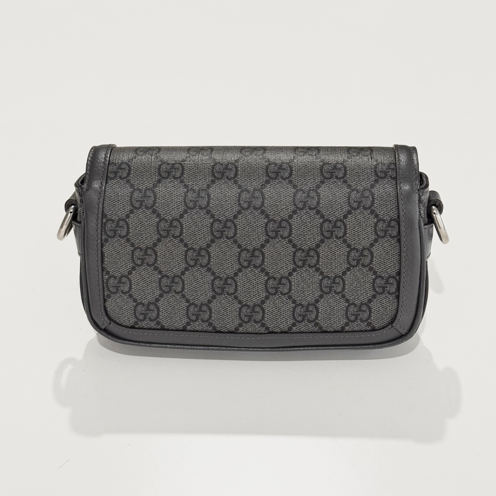 Gucci Ophidia Mini Shoulder Bag Grey Black Supreme 795466 2ZGMN 1244 on a light gray background
