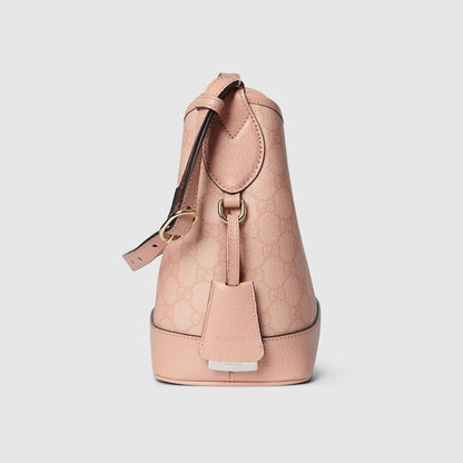 beside Gucci Ophidia Small Bucket Shoulder Bag Dusty Pink 781402-FAD1P-6241 on a light gray background
