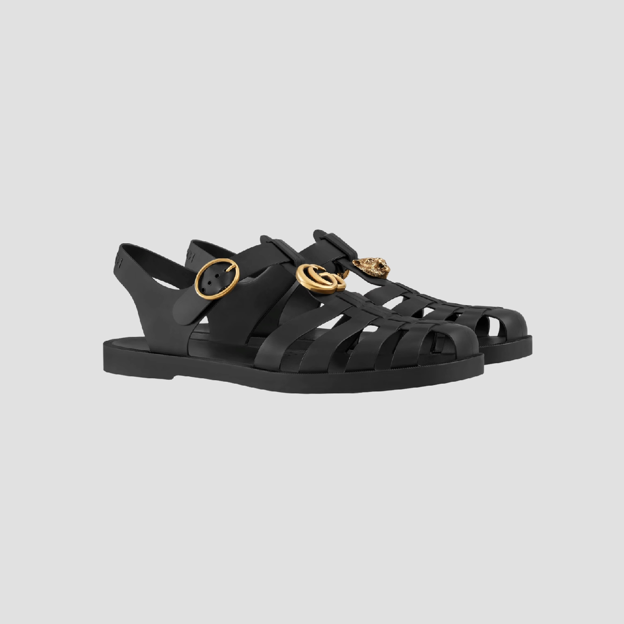 GUCCI RUBBER BUCKLE DOUBLE G AND FELINE STRAP SANDAL 463463 J8700 1000