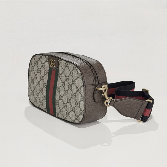 Gucci Small Ophidia Shoulder Bag Beige and Ebony Supreme 752591 FACFW 8920 with brand logo and color stripe on a light background