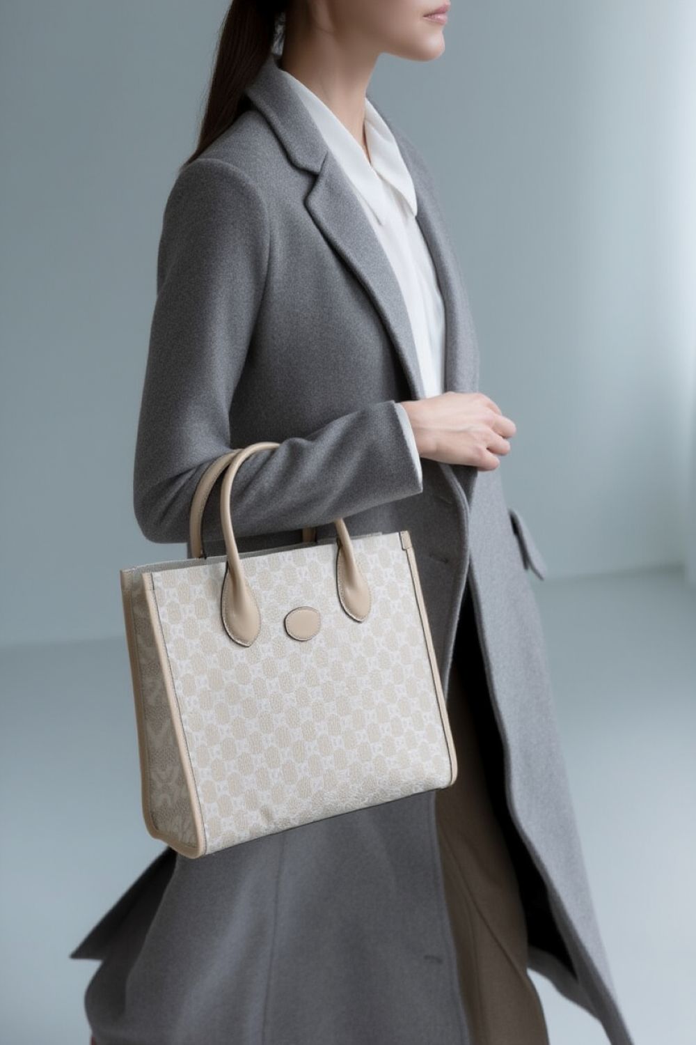 Person holding a Gucci Small Tote Bag With Interlocking G Beige 659983 UULBT 9683 with a blurred background