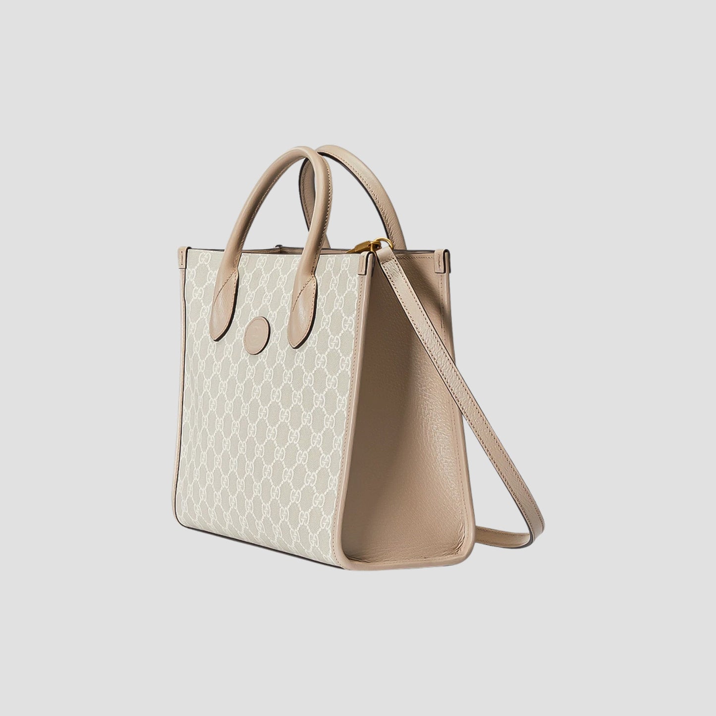 Gucci Small Tote Bag With Interlocking G Beige 659983 UULBT 9683 with patterned front and plain back on a light gray background