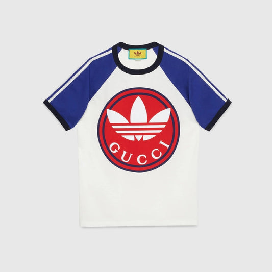 GUCCI X ADIDAS COTTON JERSEY T-SHIRT IN WHITE AND BLUE  722938 XJE1F 9221