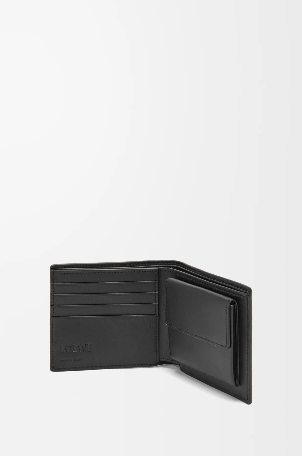 Loewe Bifold Coin Wallet in Soft Grained Calfskin – Black C660501X03-1100 open on a white background