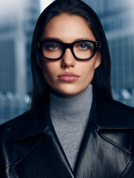 Woman wearing Loewe LW50096I 001 Anagram Round-Square Black Eyeglasses and a black leather jacket with a blurred cityscape background