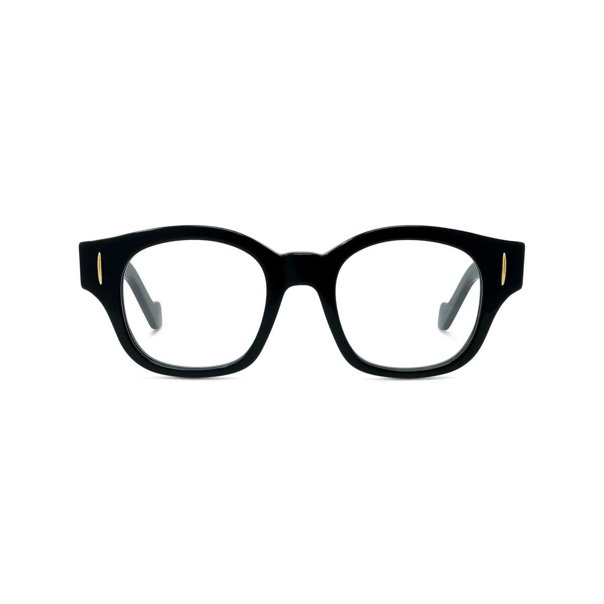 Loewe LW50096I 001 Anagram Round-Square Black Eyeglasses with gold accents on a white background