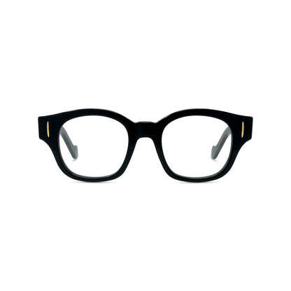 Loewe LW50096I 001 Anagram Round-Square Black Eyeglasses with gold accents on a white background