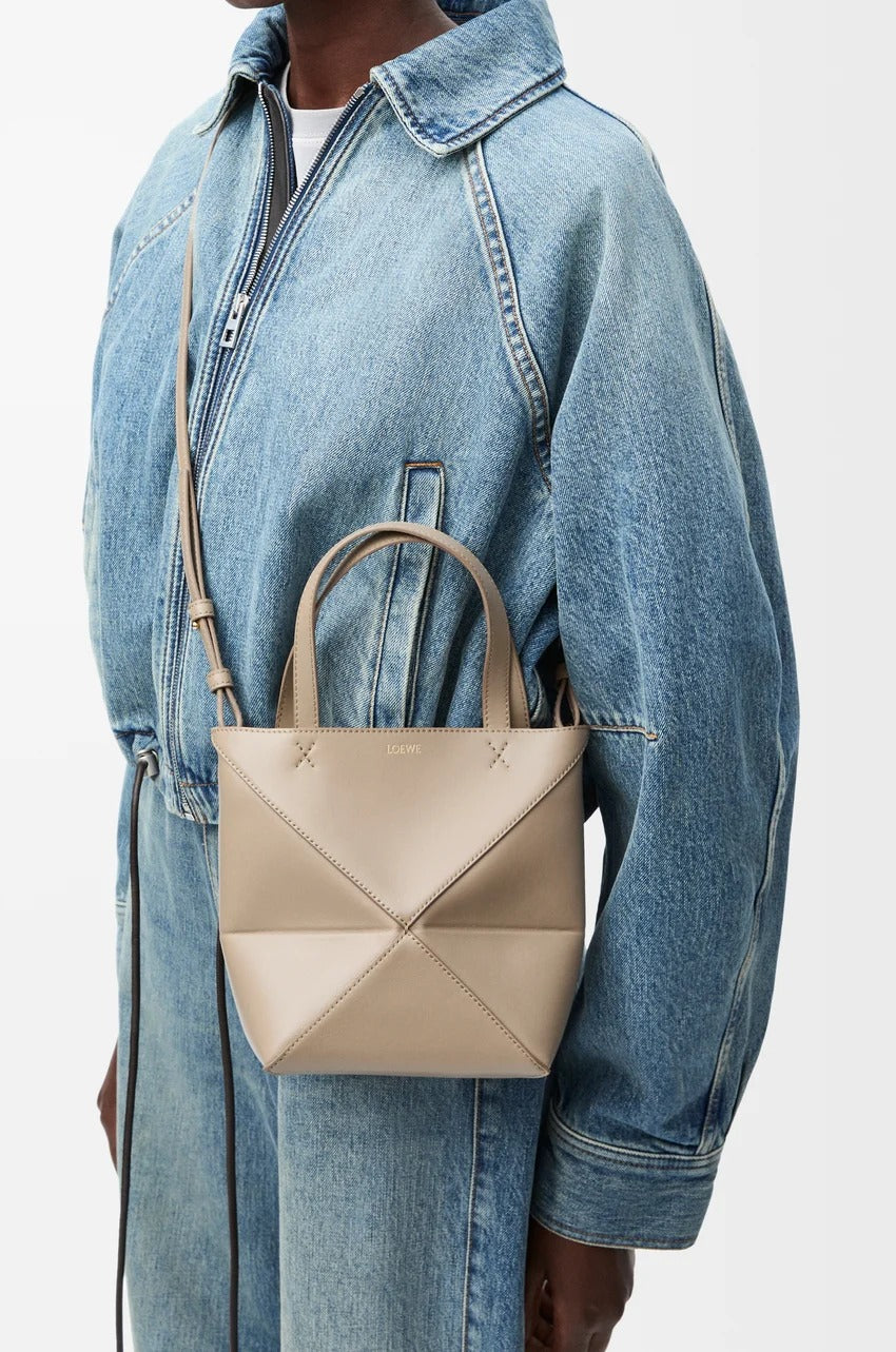 wearing Loewe Mini Puzzle Fold Tote in Shiny Calfskin – Sand A657V25X01-2150