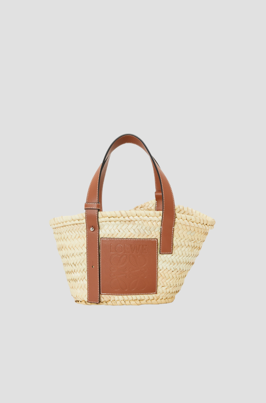 LOEWE SMALL BASKET BAG IN NATURAL/TAN PALM LEAF AND CALFSKIN 327.02.S93