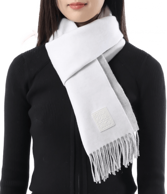 Loewe Scarf in Wool and Cashmere White/Light Grey F811251X06-2013 with a brand logo worn by a person on a white background