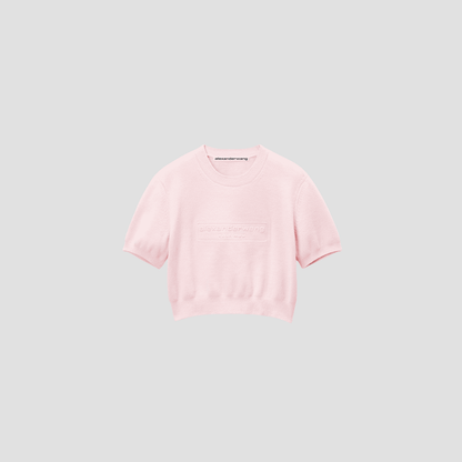 ALEXANDER WANG LOGO EMBOSSED SHORT SLEEVE RIBBED PULLOVER IN SOFT CHENILLE PINK 1KC3231037684A