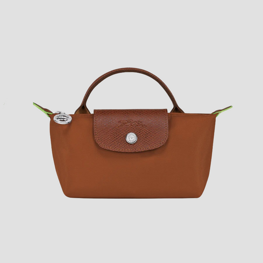 LONGCHAMP LE PLIAGE GREEN POUCH WITH HANDLE COGNAC CANVAS 34175919504