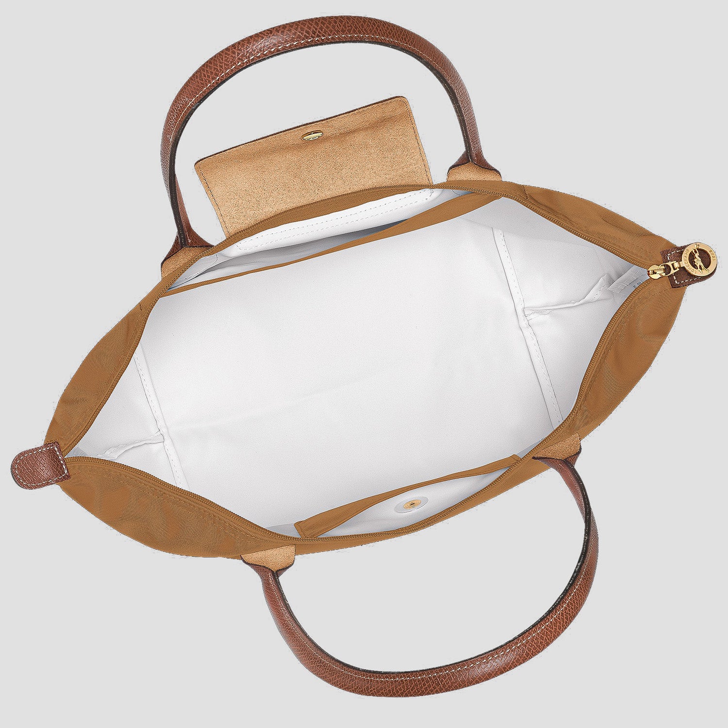 Longchamp Le Pliage Original L Tote Bag Fawn L1899089P86 with gold accents on a light gray background