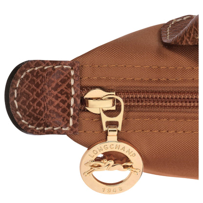 Close-up of a brown bag with a gold zipper and 'Longchamp' logo on a white background
