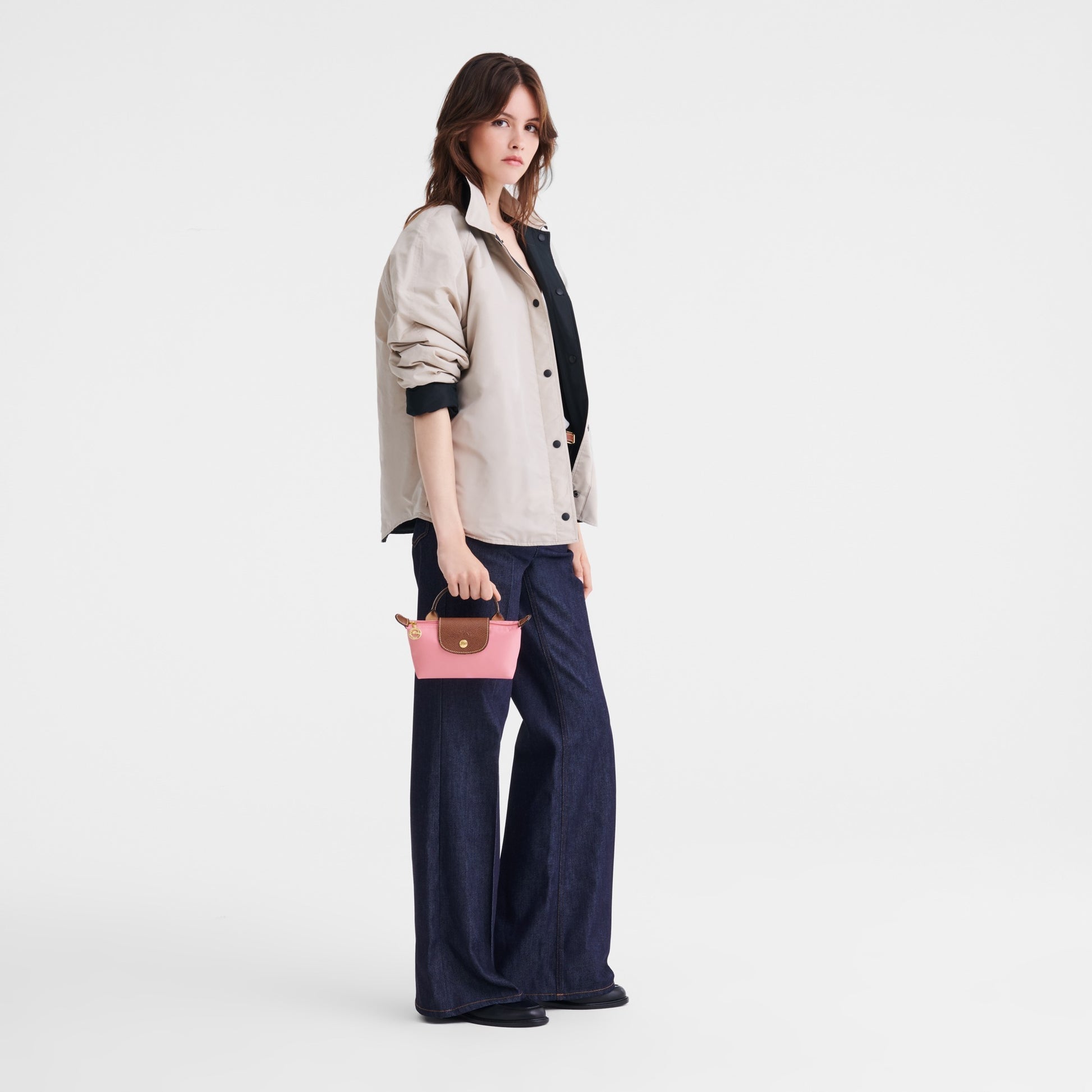 wearing Longchamp Le Pliage Original Pouch with Handle Marshmallow 34175089P92