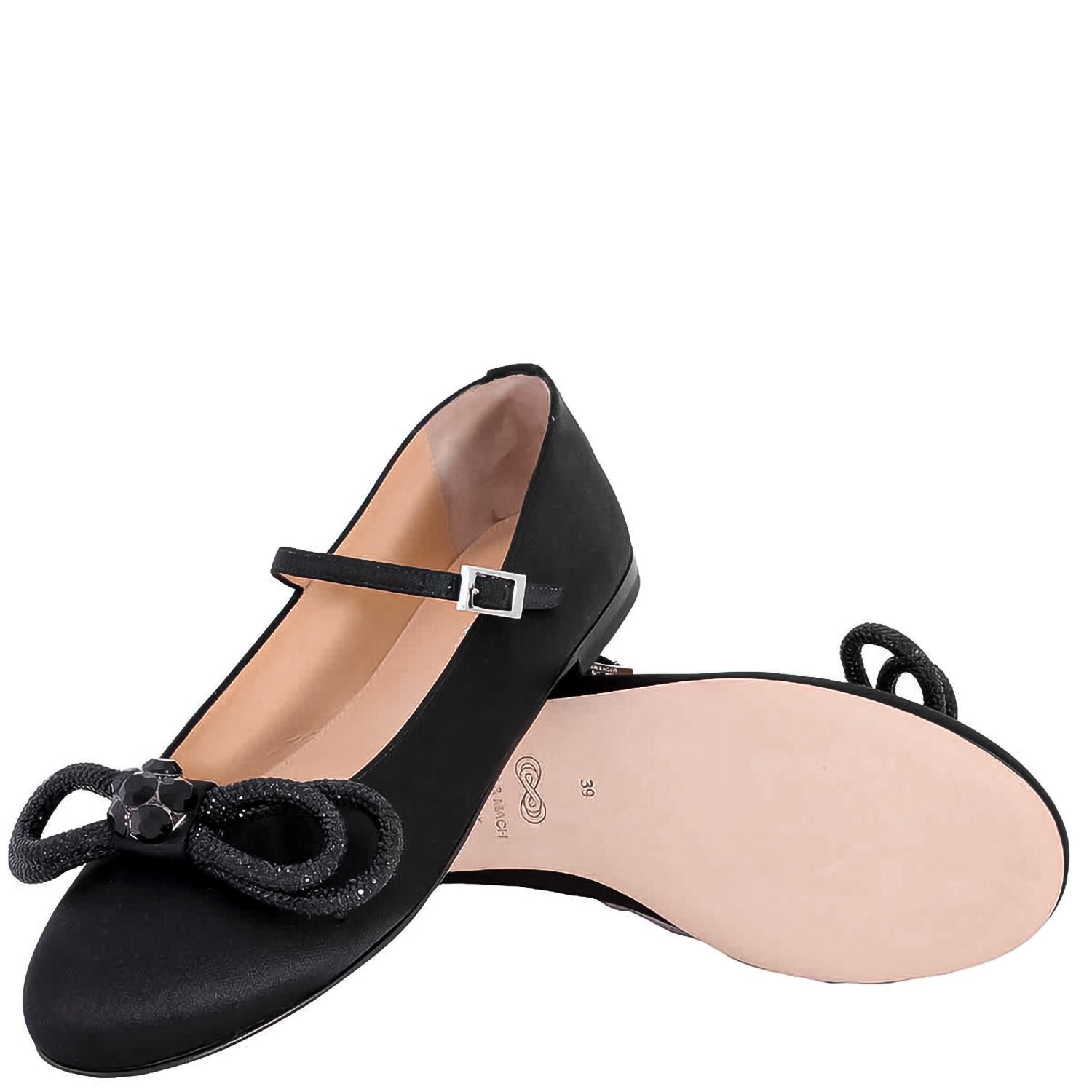 MACH & MACH Double Bow Black Satin Ballerinas on a white background