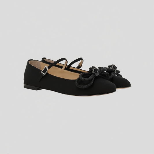 MACH & MACH Double Bow Black Satin Ballerinas