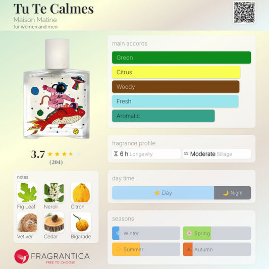 Maison Matine Tu Te Calmes Eau de Parfum with color swatches and fragrance profile on a beige background