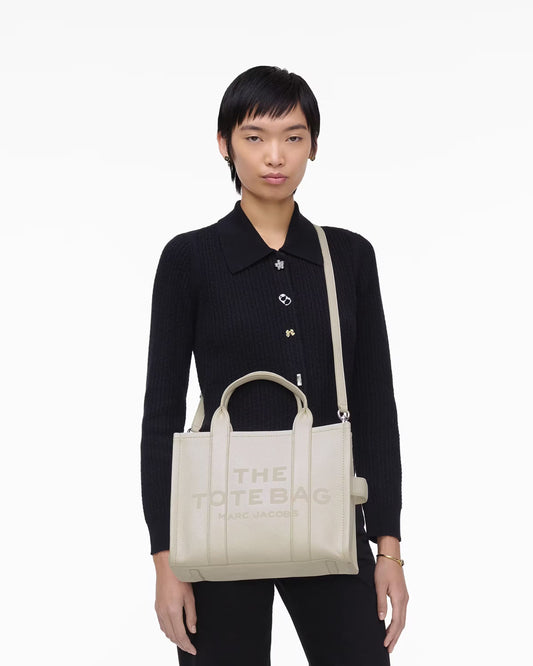 women wearing Marc Jacobs The Leather Medium Tote Bag Cotton Silver H004L01PF21 140