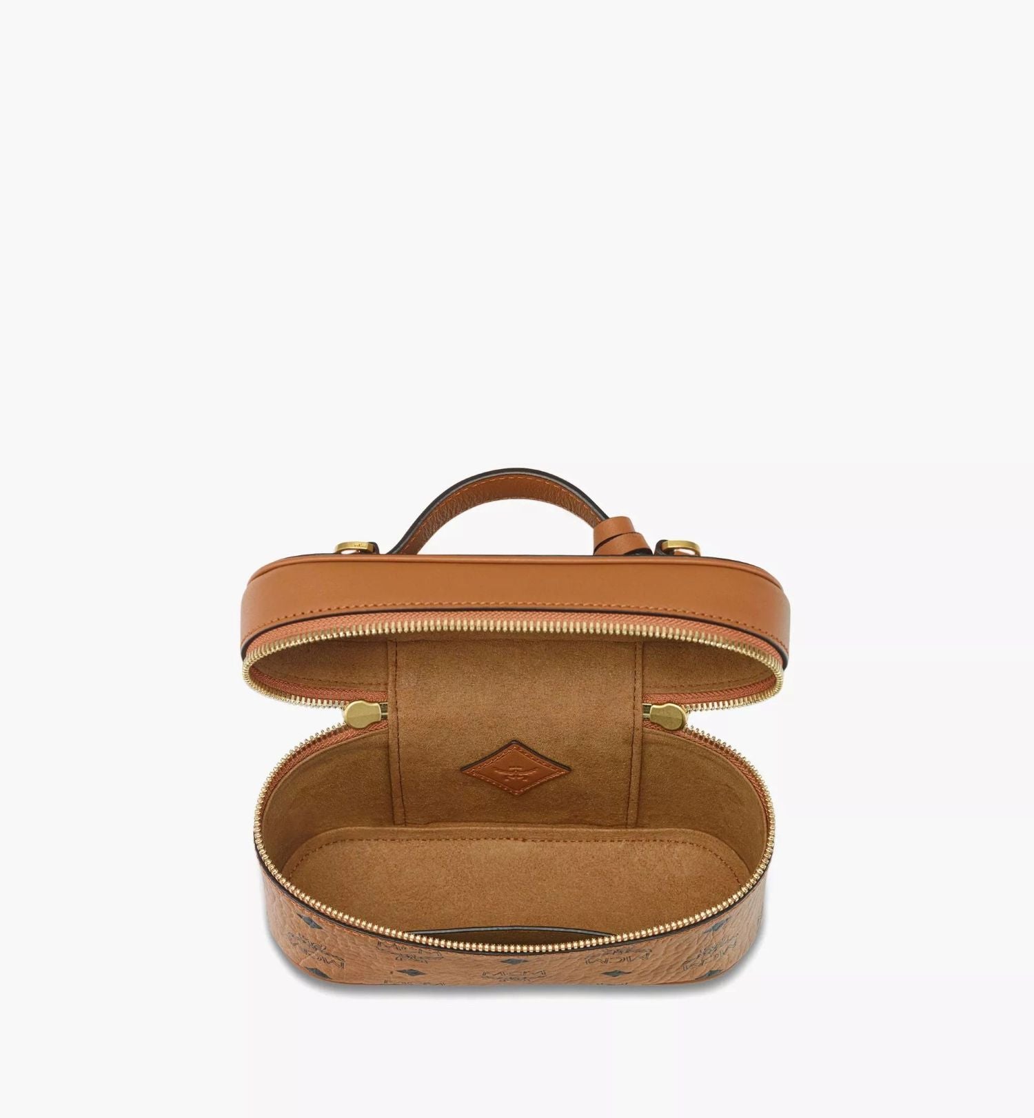 MCM Aren Vanity Case in Visetos Leather Mix Cognac MWRGSTA02CO001 with open lid on a white background
