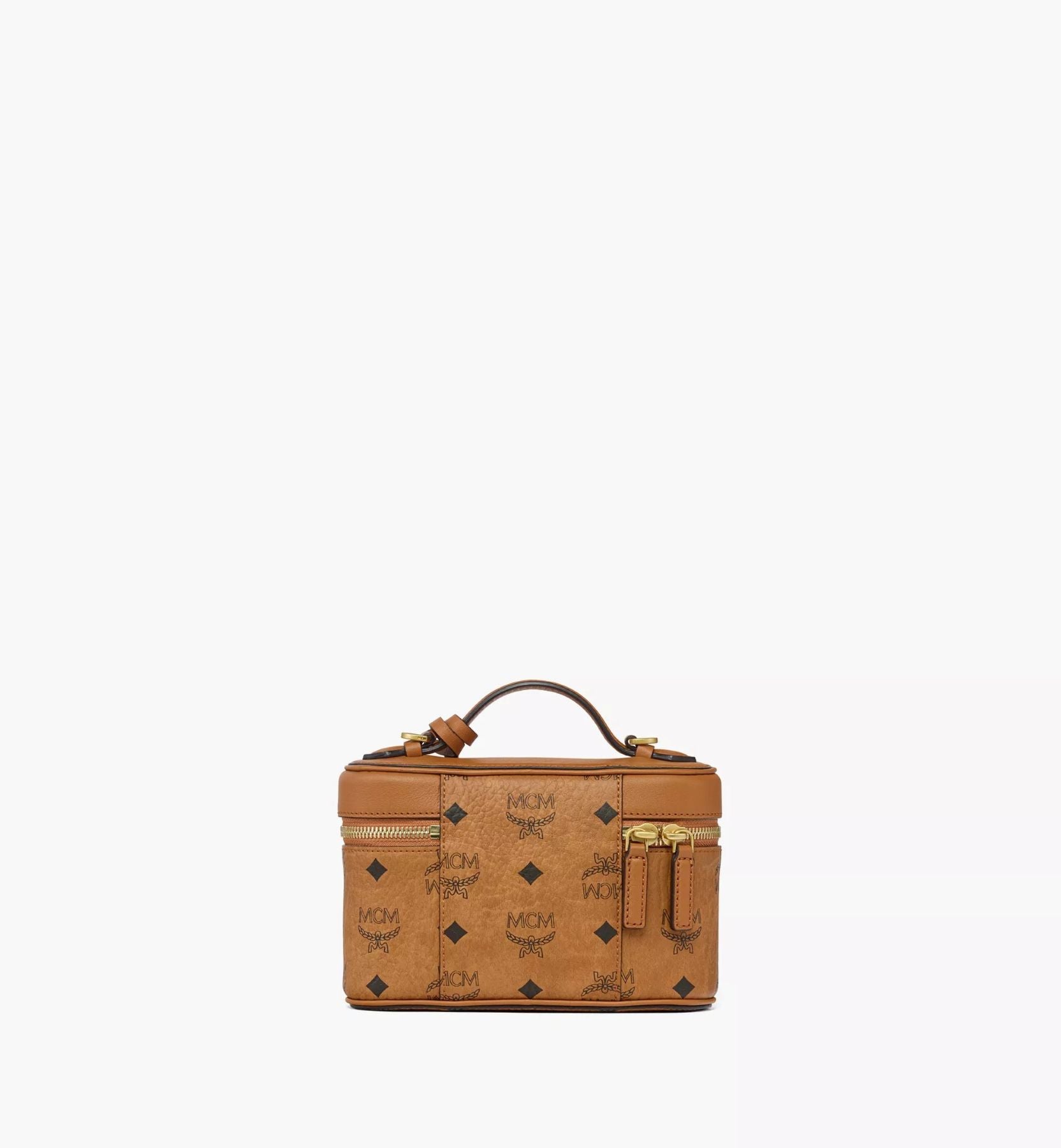 MCM Aren Vanity Case in Visetos Leather Mix Cognac MWRGSTA02CO001 with gold accents on a white background