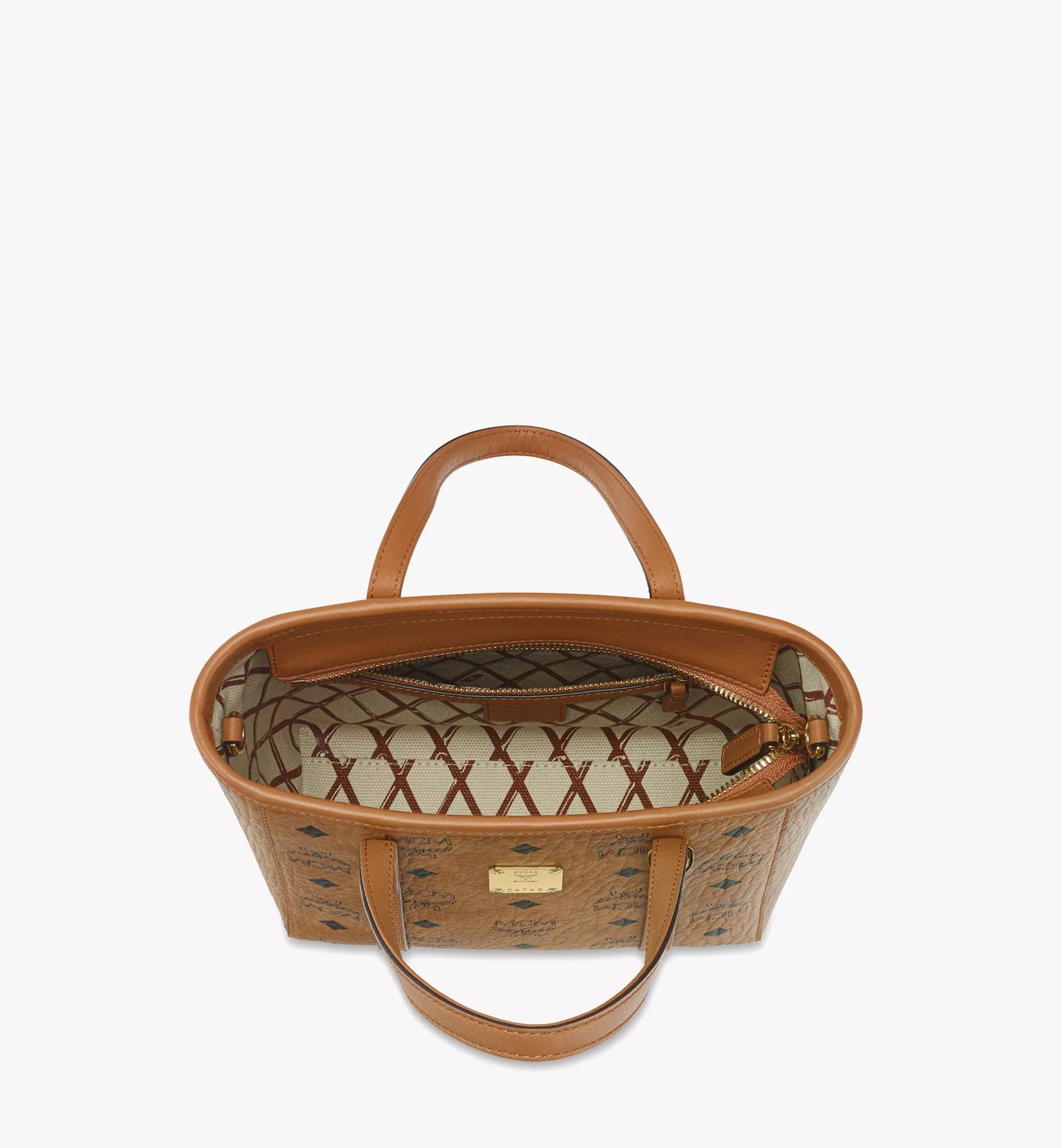 Open MCM Mini Toni Top-Zip Shopper in Visetos Cognac MWPAATN04CO001 with patterned interior on a white background
