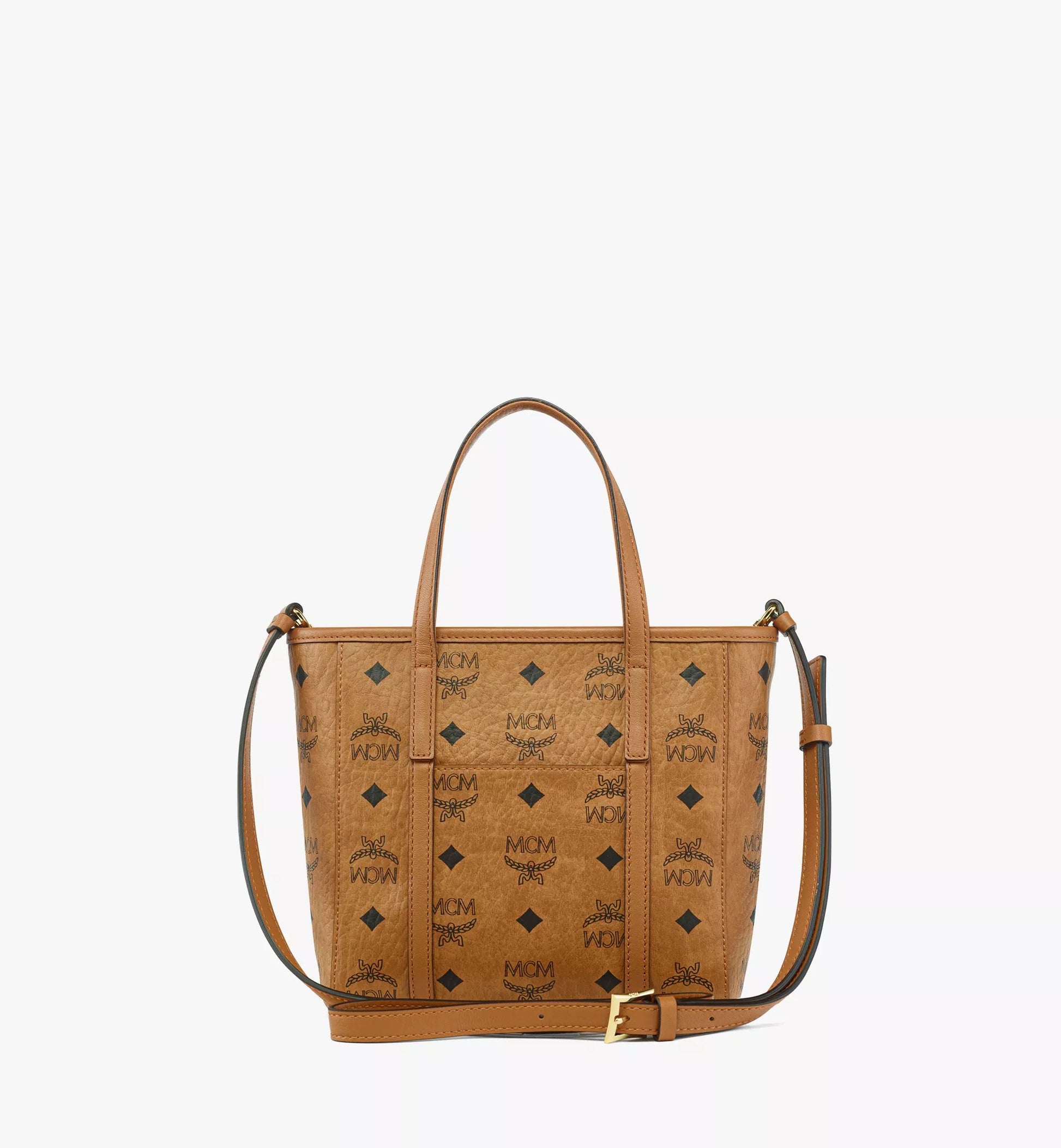 Behind MCM Mini Toni Top-Zip Shopper in Visetos Cognac MWPAATN04CO001 with brand logo on a white background