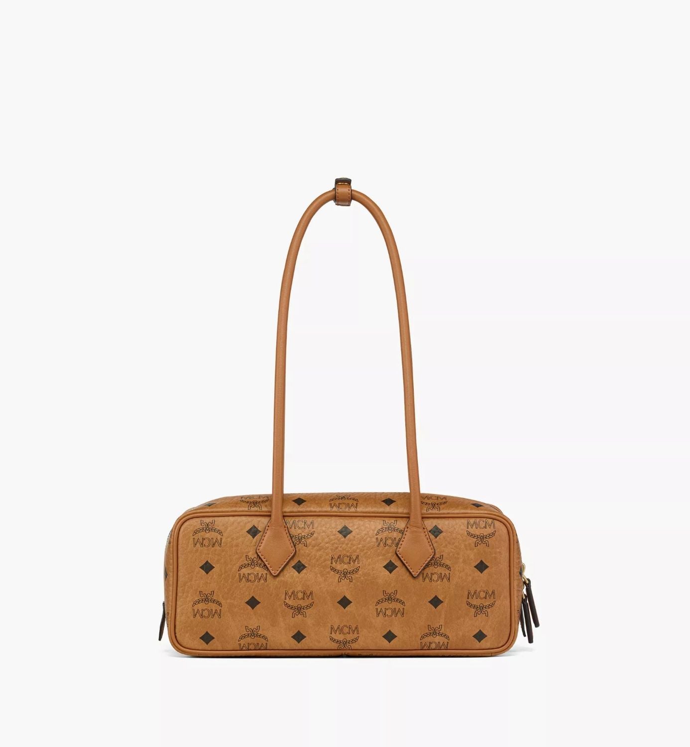 behind MCM Small Aren East West Shoulder Bag in Visetos Cognac MWSGSTA02CO001 with visible brand logo on a white background