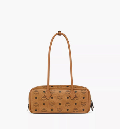 behind MCM Small Aren East West Shoulder Bag in Visetos Cognac MWSGSTA02CO001 with visible brand logo on a white background