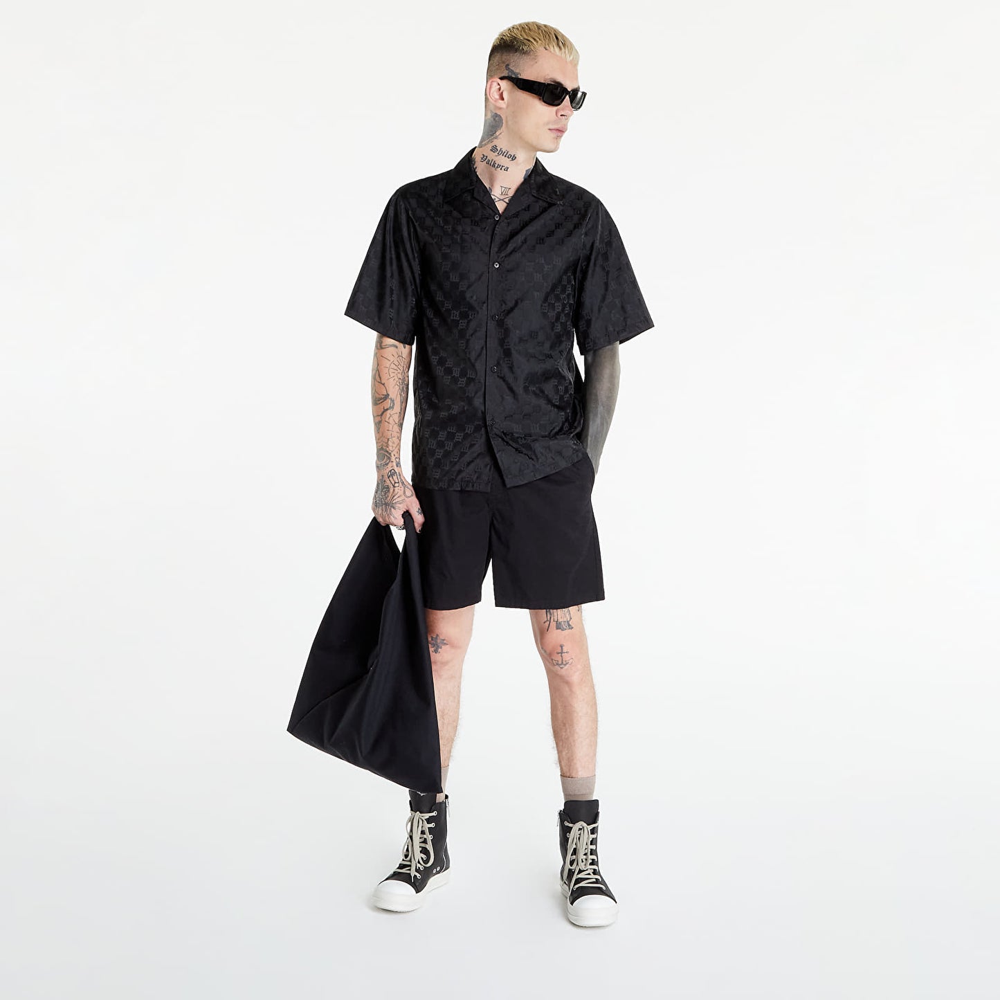 wearing MISBHV BLACK NYLON MONOGRAM SHORT-SLEEVE SHIRT 3022M121