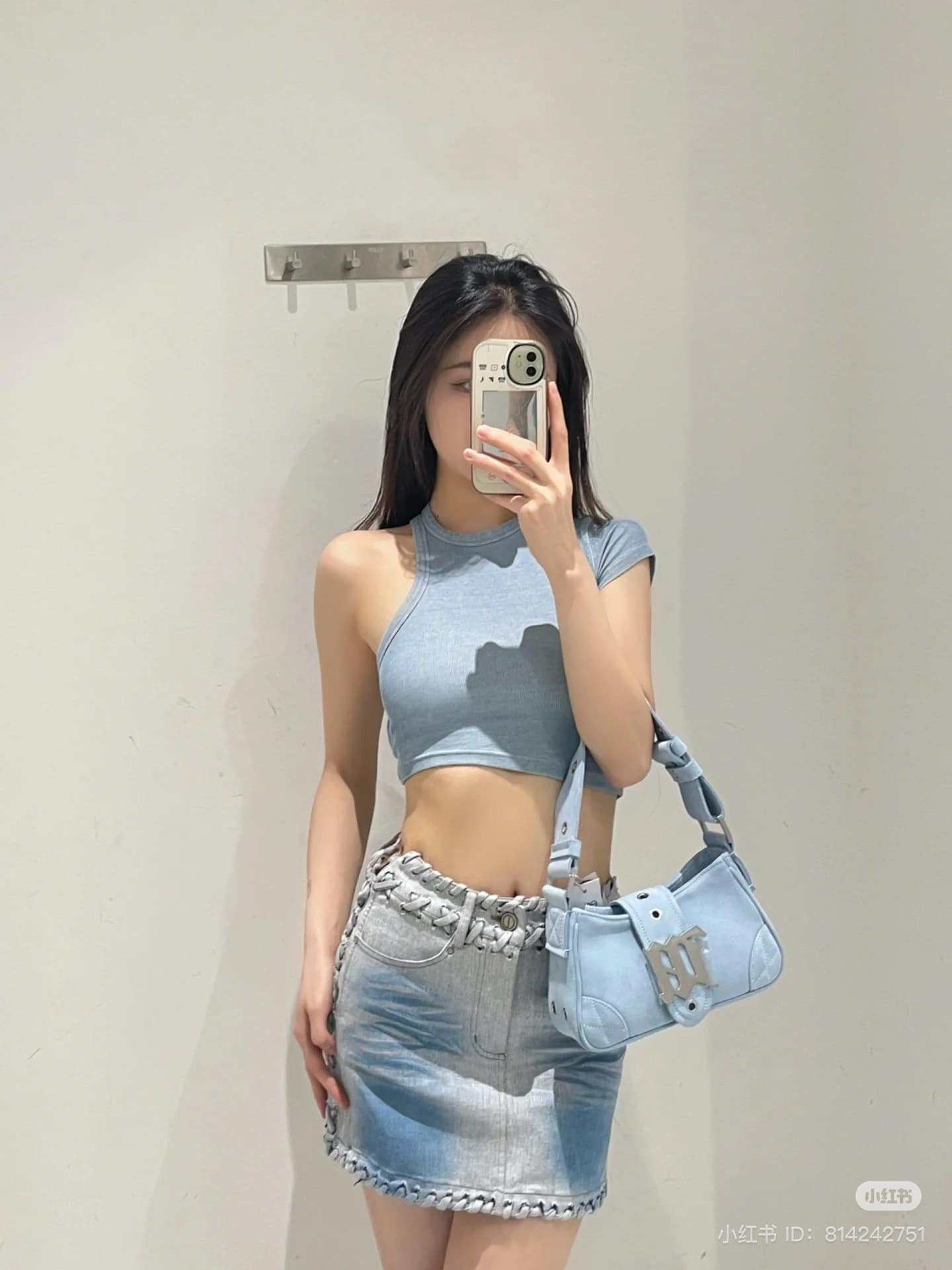 wearing MISBHV LIGHT BLUE SUEDE SHOULDER BAG SMALL 230A402