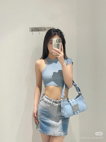 wearing MISBHV LIGHT BLUE SUEDE SHOULDER BAG SMALL 230A402