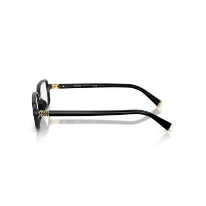 beside Miu Miu 01YV 16K1O1 Square Eyeglasses with gold logo "Miu Miu" on a white background